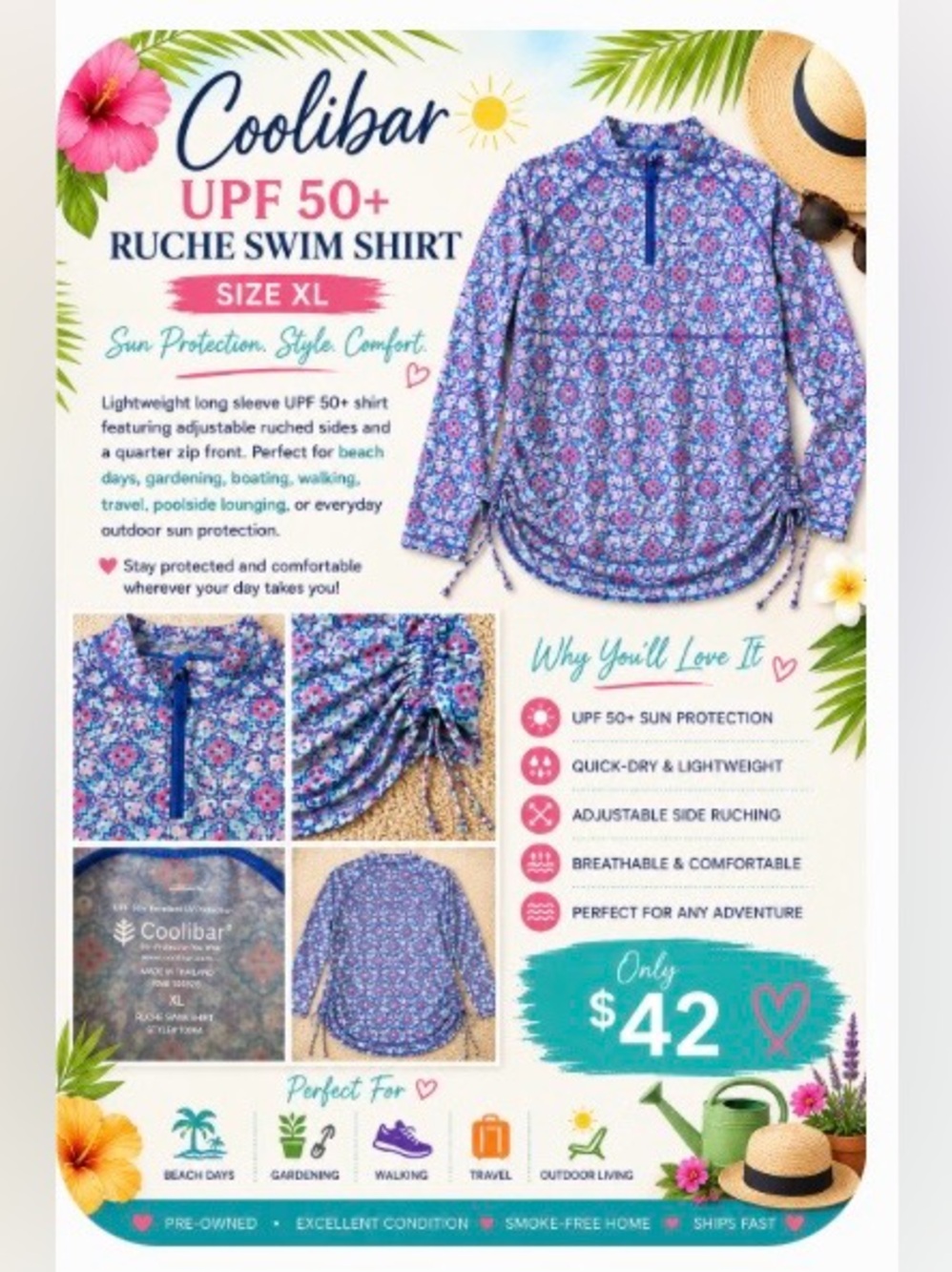 Coolibar UPF 50+ Ruche Swim Shirt – Size XL – Blue/Pink Medallion Print